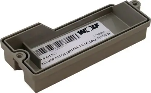 Grau Kunststoffgehäuse von Wolf mit Deckel, beschriftet mit Artikelnummer und Barcode. Verwendung für elektrische Systeme nicht spezifiziert.